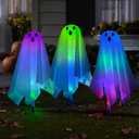 Set of 3 Halloween Pathway Markers Lights, 14.2 Inch High Plastic Ghost Lawn Garden Stakes Clear Lights for Trick or Treat Party Outdoor Waterproof Halloween Decor (Color Changing)
