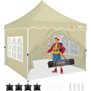 HOTEEL 1010 Pop Up Canopy with 4 Sidewalls, UV 50+ and Waterproof Canopy Tent 1010, Thickened Frame, Large Space Easy Pop Up Canopy, Outdoor Canopy for Weddings, Beaches, Parties, Patio (Khaki) (10x10FT)