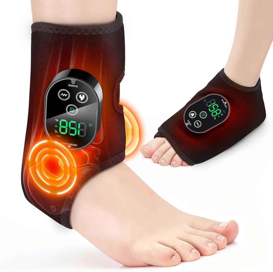 Cordless Ankle Massager for Pain Relief, Ankle Heating Pad with Massage, HSA Eligible FSA, Foot and Ankle Massager, Foot Massager with Heat, 6 Heat Levels, 3 Vibration Modes, Single One, Black