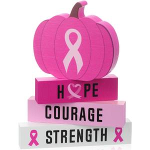 4 Pcs Breast Cancer Awareness Table Centerpiece Decorations Pink Ribbon Tiered Tray Decor Wooden Pumpkin Block Signs for Fight Breast Cancer Charity Party Supplies