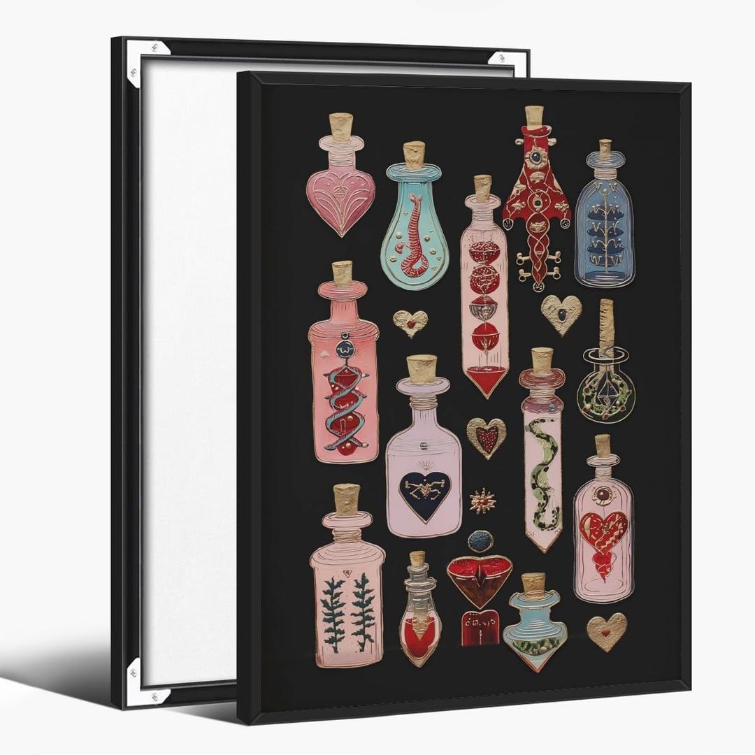 Mystical Witchy Potion Bottle Gothic Wall Art Magical Dark Academia Alchemy Fantasy Poster Occult Heart Snake Spell Alternative Print for Witchcore or Boho Room Decor 12x18inch Black Aluminum Frame