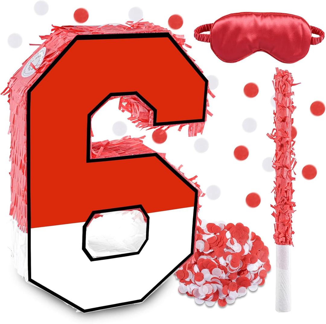 16 Inch Red and White Number 6 Pinata, Birthday Pinata with 16 Inch Piata Stick Blindfold Confetti for Kids 6th Birthday Party Decorations
