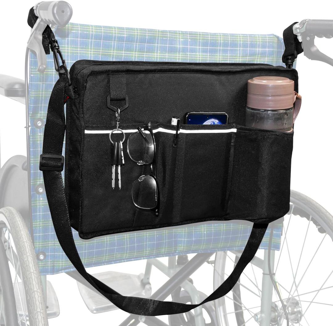Wheelchair Accessories Bag - Wheelchair Bag to Hang on Back, Wheelchair Accessories Backpack for Adult & Senior, Wheelchair Pouch with Medicine Storage Insulation Pocket & Shoulder Strap