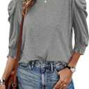 Tankaneo Womens 3/4 Length Sleeve Tops Dressy Casual Blouse Puff Sleeve Cute Trendy T Shirts with Smocked Cuffs (Gray)