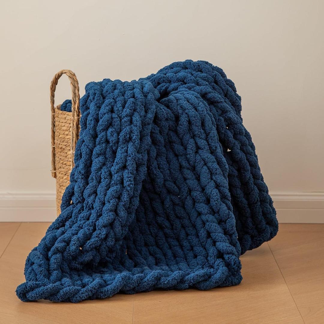 WESHIONGOO Chunky Knit Blanket Throw 40"*40" Knitted Throw Blankets for Couch Bed Fluffy Soft Blanket with Jumbo Chenille Yarn Thick 100% Handmade(Navy Blue), 40"x40"