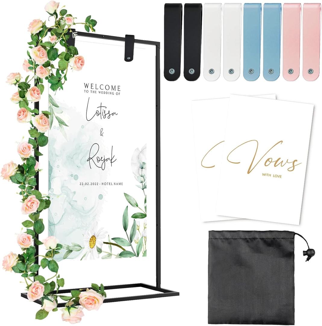 Wedding Welcome Sign Stand, 57x31x15 Easel Stand for Sign with Leather Straps, Flower Vine, Vow Card, Welcome to Our Wedding Sign Stand Holder, Heavy Duty Floor Stand Easel for Wedding Birthday Party (Black)