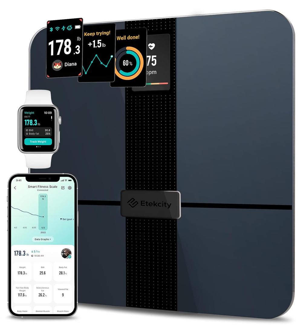 Etekcity Smart Scale for Body Weight Fat, FSA HSA Eligible, Digital Bathroom Weighing Machine for Accurate BMI Muscle Mass Composition, Home Use Apple Health Compatible Fitness Equipment (11.9 x 11.9 x 0.95 inches, Color Screen-Black)