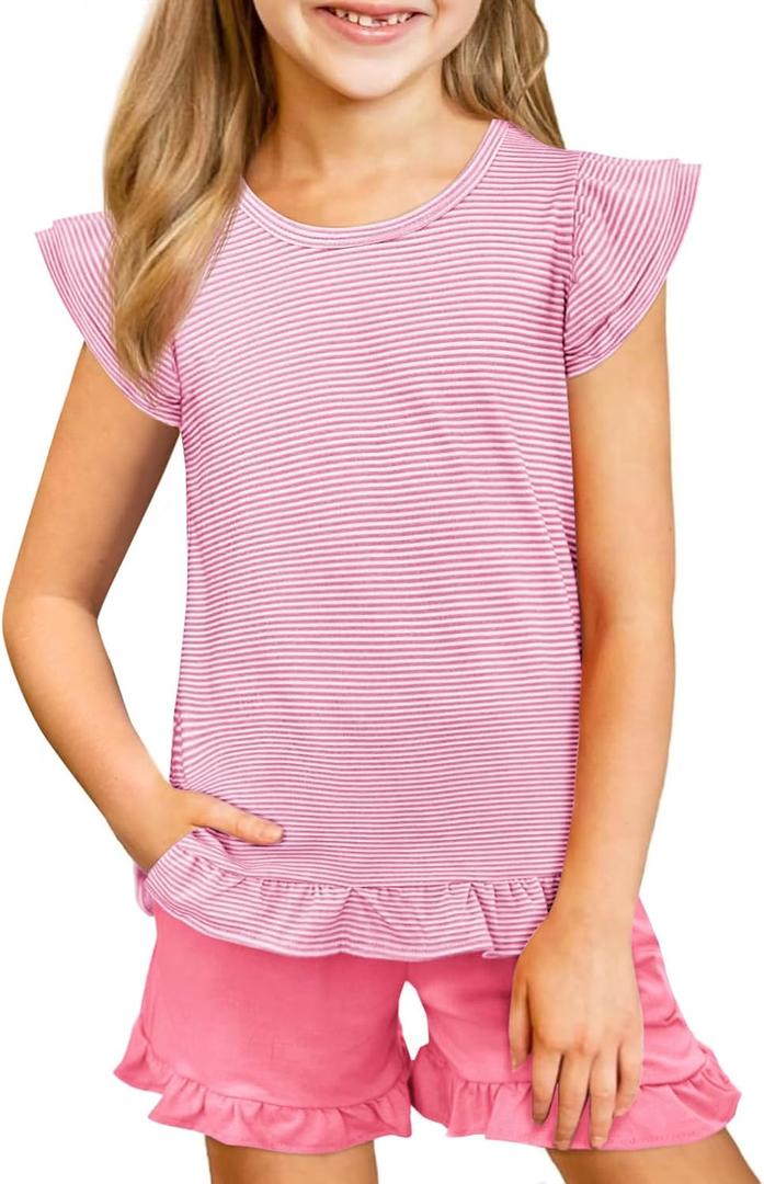 Yousify Girls 2 Piece Short Sets Kids Summer Outfit Flutter Sleeve Shirts Ruffle Short Sleeve Top and Shorts with Pocket (Pink)