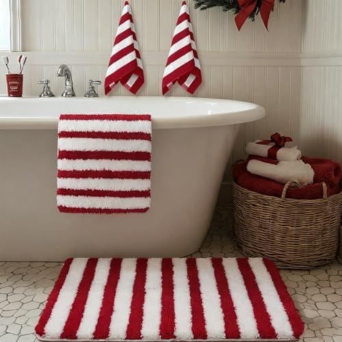 Newwiee 4 Pcs Christmas Bathroom Rugs and Towels Red and White Striped Christmas Bathroom Decorations Non Slip Soft Absorbent Bath Mats Hand Towels for Xmas Decor