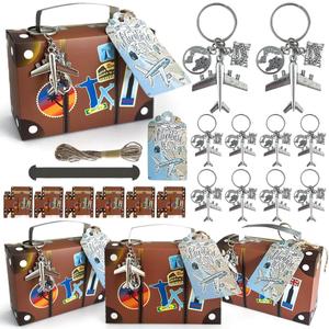Aizhuang 50 Pcs Vintage Suitcase Party Favor Box, Vintage Suitcase Candy Boxes with Airplane Keychains Party Favors, Kraft Tags and Burlap Twine for Travel Themed Party, Bridal Shower, Wedding Decorations