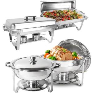 Chafing Dish Buffet Set 4 Pack, 8 QT Rectangle & 5QT Round Stainless Steel Chafer for Catering, Chafers and Buffet Warmer Sets w/Food & Water Pan, Lid, Fuel Holder for Event Party Holiday