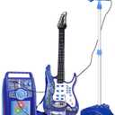 deAO Musical Guitar Play Set,Adjustable Height Microphone,Amplifier Set with Stand,Music Light Karaoke Music Toys Birthday for Kids Boys Girls, Miniature