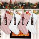 LOMOHOO 4PCS Personalized Christmas Stockings with Cute Wooden Name Tags, Striped Plush Faux Fur Xmas Stocking, 18in Large Gift Bags for Holiday Party Fireplace Stairs Xmas Decor (Pink White)