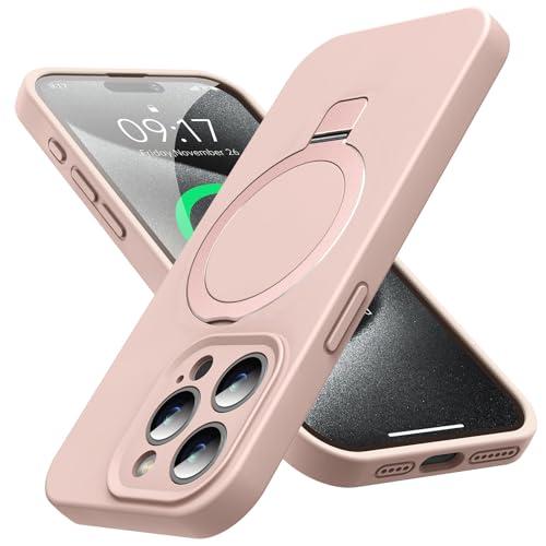 Mag-Ring Designed for iPhone 15 Pro Max Case, Liquid Silicone [Moisturizing Factor] Extreme Soft Slim Phone Case with Stand [Compatible with MagSafe] for 15 Promax 6.7 inch Men Women, Light Pink