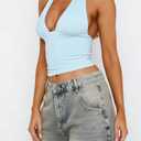 Women Backless Halter Tops Sexy Deep V Neck Going Out Crop Tank Top Open Back Sleeveless Slim Fit Summer Tops (Blue, S)