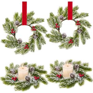 4 Pcs Small Mini Christmas Wreaths for Kitchen Cabinets, Frosted Cedar Christmas Candle Rings Wreath for Pillars Kitchen Cabinet Windows Centerpieces Table Decorations