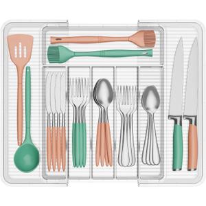 Lifewit Silverware Organizer for Kitchen Drawer, Clear Expandable Utensil Tray for Spoons Forks Knives, Adjustable Flatware Cutlery Holder Storage, Large