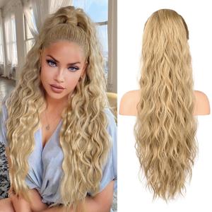 FLUFYMOOZ Ponytail Extension, 26 Inch Drawstring Ponytail Hair Extensions for Women Long Curly Wavy Ponytail Natural Synthetic Hairpiece for Women (26 Golden Blonde with Highlights)