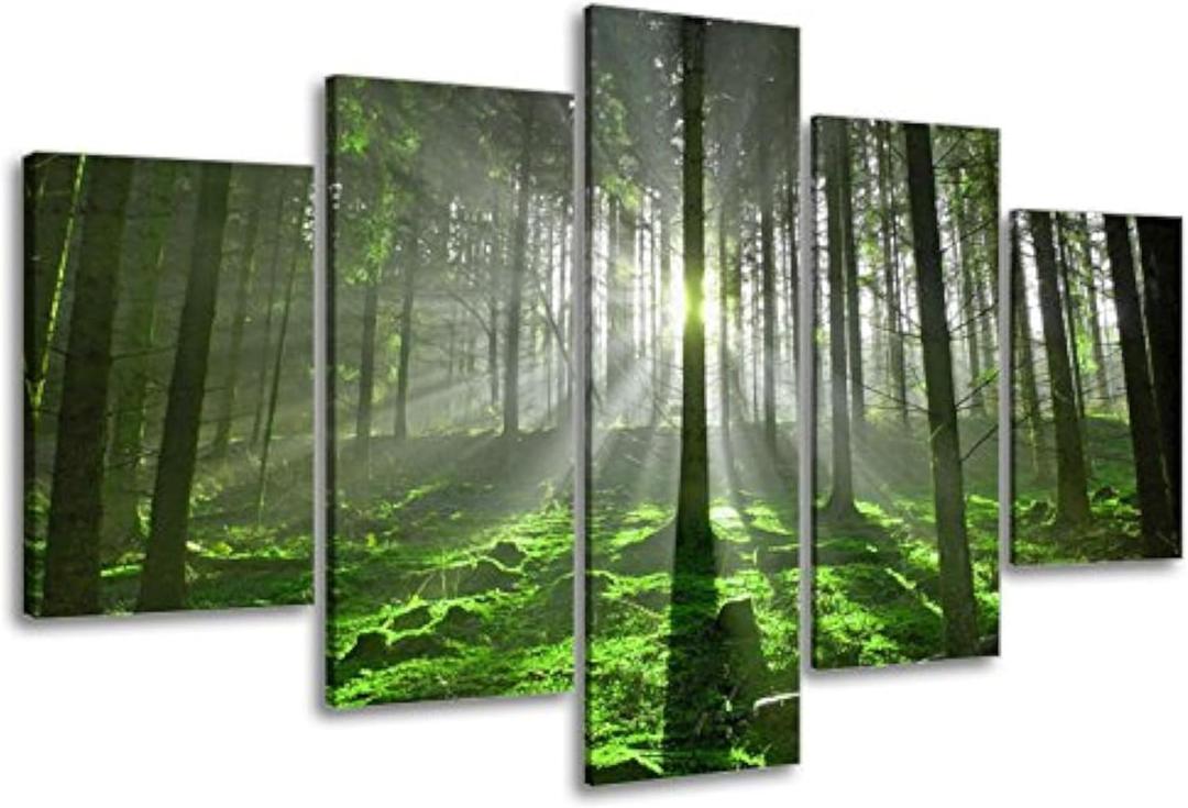 5 Panel Forest Wall Art for Office Decor, SZ Fantastic Spring Morning Sunrise Picture Canvas Prints of Nice Sunshine Peeking Through Rainforest (Waterproof Artwork, 1" Thick, Bracket Mounted, Large) (32x60 overall by 5 piece, 1" Deep, Bracket Mounted) 5 Panel Forest Wall Art for Office Decor, SZ Fantastic Spring Morning Sunrise Picture Canvas Prints of Nice Sunshine Peeking Through Rainforest (Waterproof Artwork, 1" Thick, Bracket Mounted, Large) (32x60 overall by 5 piece, 1" Deep, Bracket Mounted)