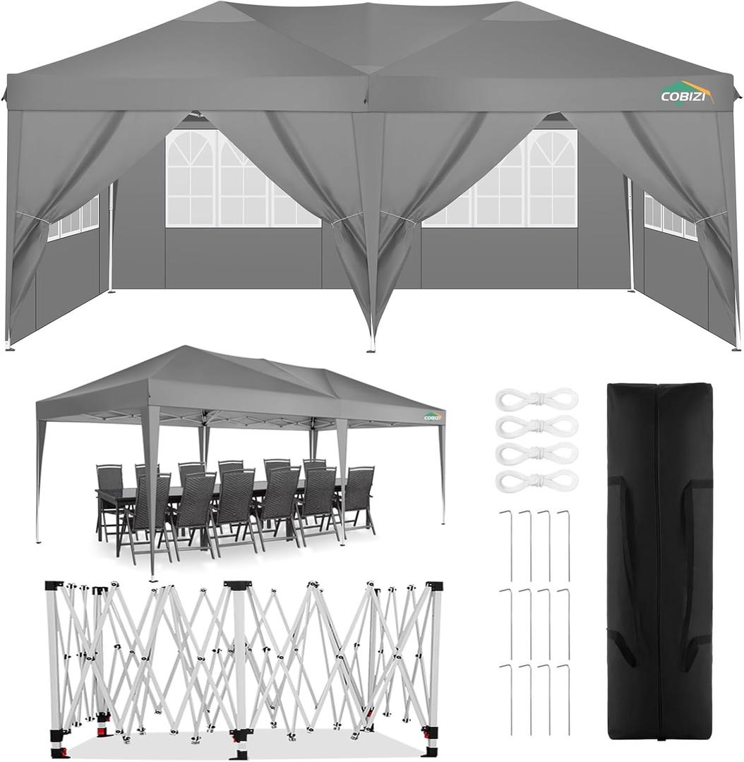 COBIZI Pop Up Canopy Tent 10x20 Canopy with Sidewalls Party Tent Ez Up Instant Shelter Waterproof 10x20 Outdoor Gazebo Large Canopy Tents for Parties with Carry Bag (Grey, 10x20FT with 6 Sides)