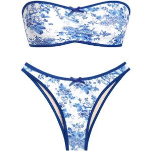 seamoly Sexy Blue Gingham Bow Decor Ruched Backless Lace Up Bandeau Bikini Set Strapless Swimsuits for Women