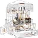 LINFIDITE Cosmetics Storage Box Transparent Lid Large Makeup Organizer Box Drawers Portable Handle Waterproof Dustproof Skincare Display Cases for Countertop, Bathroom, Dresser,Gift Clear (Clear-White)