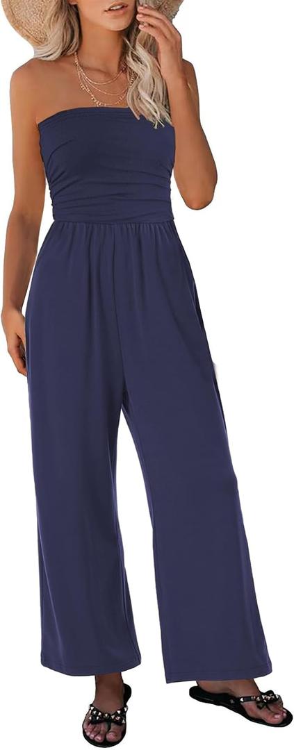 STOLKISS Womens Tube Top Jumpsuits Strapless Belted Wide Leg Bustier Jumpsuit Backless Baggy Long Pants Rompers with Pockets (Blue, XL)