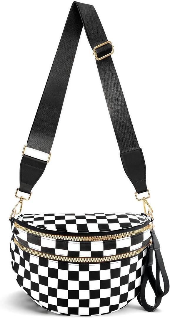 URSKYTOUS Checkered Crossbody Bags for Women Nylon Bum Bag Spacious Trendy Fanny Pack Large Sling Bags with Adjustable Strap (Gm Checkered Black White)