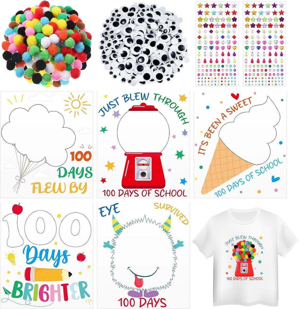 Glenmal 6 Sets DIY 100th Day of School Iron on Decals, Craft kit with Patches Pompoms Wiggle Eyes Gem Stickers Heat Transfer Stickers for School Party DIY Clothing T Shirt Bag