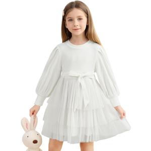 Toddler Girl Tulle Dress Puff Long Sleeves Tutu Dresses with Tie Belt for Princess Brithday Party 1-6T