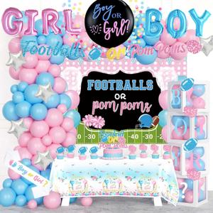 Football Gender Reveal Decorations, Baby Boy or Girl Gender Reveal Party Decor, Football or Pom Poms Backdrop Balloon Banner Tablecloth Cake Topper Box Sash for Touchdown Cheerleader Supplies