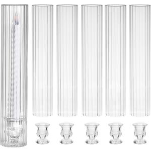 CHILL RECIPE Hurricane Glass Candle Holders-Set of 6 Tall Taper Candle Holder with 12 Tall Clear Cylinder Covers for Wedding Table Centerpiece Home Decor (Floral Base+Ribbed Chimney)