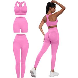 3 Piece Workout Sets for Women Butt Lifting Leggings with High Impact Sports Bra Gym Shorts, S