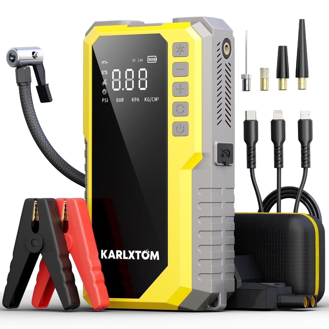 Karlxtom
4500A Car Jump Starter with 190PSI Air Compressor, Karlxtom 88Wh Lithium Battery Jump Pack for 10L Gas 9L Diesel Engine, Portable Jump Box