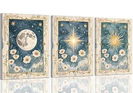3pcs Sun And Moon Celestial Wall Art Vintage Tarot Astrology Wall Decor Painting Sun Flower And Full Moon Canvas Pictures Boho Celestial Prints Posters for Bed Room Home Decor 16x24 Inch Framed