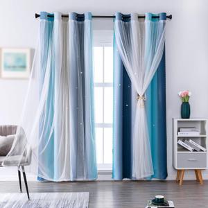 indistar Star Blackout Curtains for Girls Kids Bedroom, Colourful Stripe Window Curtain Panels, 2 Layer Lace Drapes, Room Darkening Curtain for Living Room Decor, 1 Panel（Blue W52 x L84 inch）