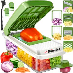 Mueller Vegetable Chopper, Mandoline Slicer, Food Veggie Chopper, Cheese Grater, Onion Vegetable Cutter with Container, Dicer, Kitchen Gadgets & Essentials, White Sand/Green (6 blade)