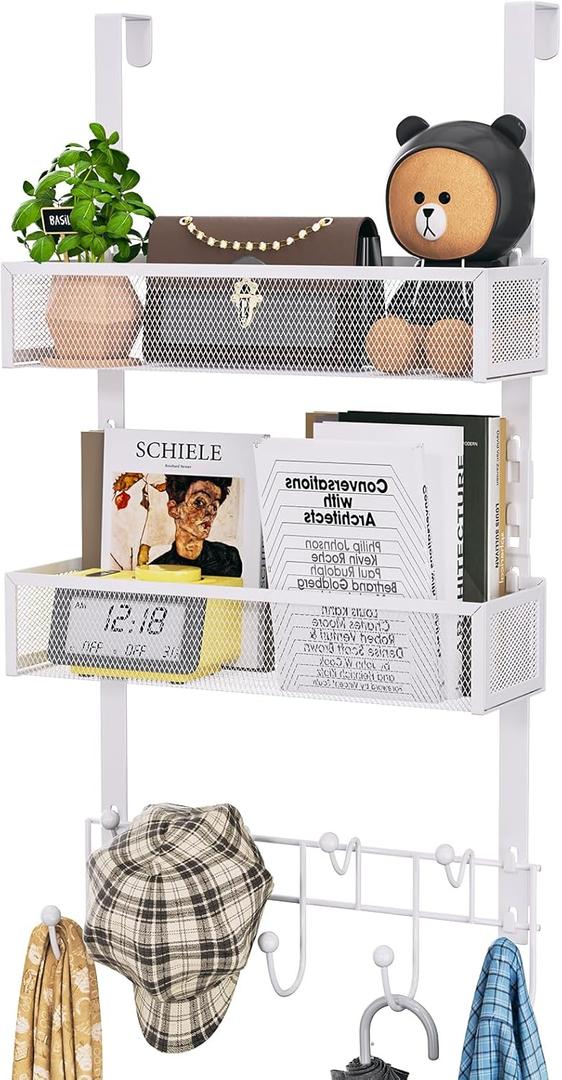 HapiRm Over The Door Organizer with Coat Hooks and 2 Baskets, Stainless Steel Rustproof Over The Door Hanger Hooks for Bathroom, Kitchen, Bedroom-White (for 1.76in Doors)