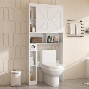 JSB Over The Toilet Storage Cabinet with Doors, Farmhouse Storage Cabinet Bathroom Over Toilet Shelf Space Saver with Toilet Paper Holder (White)