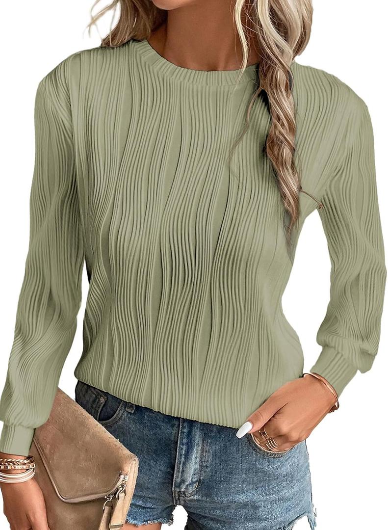 EVALESS Womens Tops Trendy Dressy Casual Long Sleeve Crewneck Basic T Shirts Solid Loose Textured Blouses Outfits (Green, XXL)