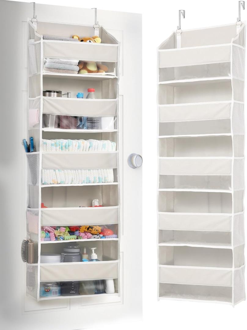 ULG 1-Pack Over Door Organizer with 5 Large Pockets 10 Mesh Side Pockets, 44 lbs Weight Capacity Hanging Storage Organizer with Clear Window for Bedroom Bathroom Kitchen, RV, Camper, Beige