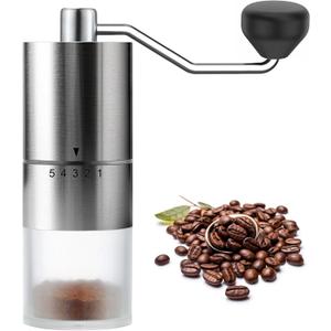 Portable Manual Coffee Grinder - Conical Burr with 5 Adjustable Settings for Smooth Grinding, Perfect for Espresso Enthusiasts at Home, Office, or Camping (Silver Ceramic Burr)