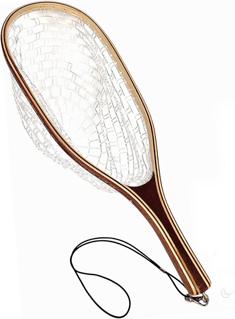 Aventik Fly Fishing Landing Net for Trout Soft Rubber Ghost Mesh Catch and Release Wooden Frame Lightweight and Tangle-Free