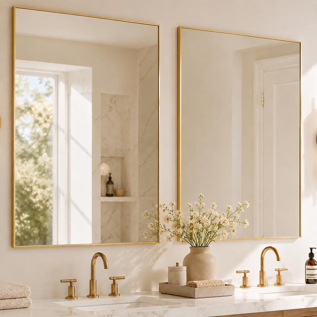 2-Pack 24x36 Inch Brushed Gold Rectangular Bathroom Vanity Mirrors