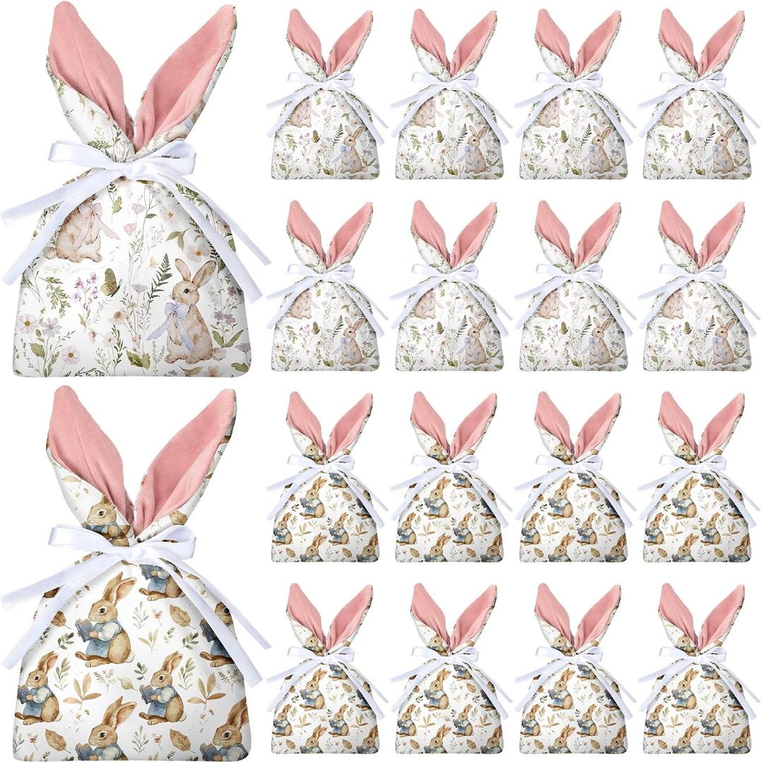 Patelai 16 Pcs Easter Bunny Gift Bags Birthday Decoration Reusable Flannel Bunny Gift Treat Bags with Drawstring Cute Candy Goodie Floral Rabbit Party Favors Supplies for Easter Wedding Tea Party