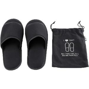 Foldable Portable Slippers Washable Open Toe Towelling Slippers with Storage Bag for Spa Travel Hotel/Home Guest 34-43 (Black)