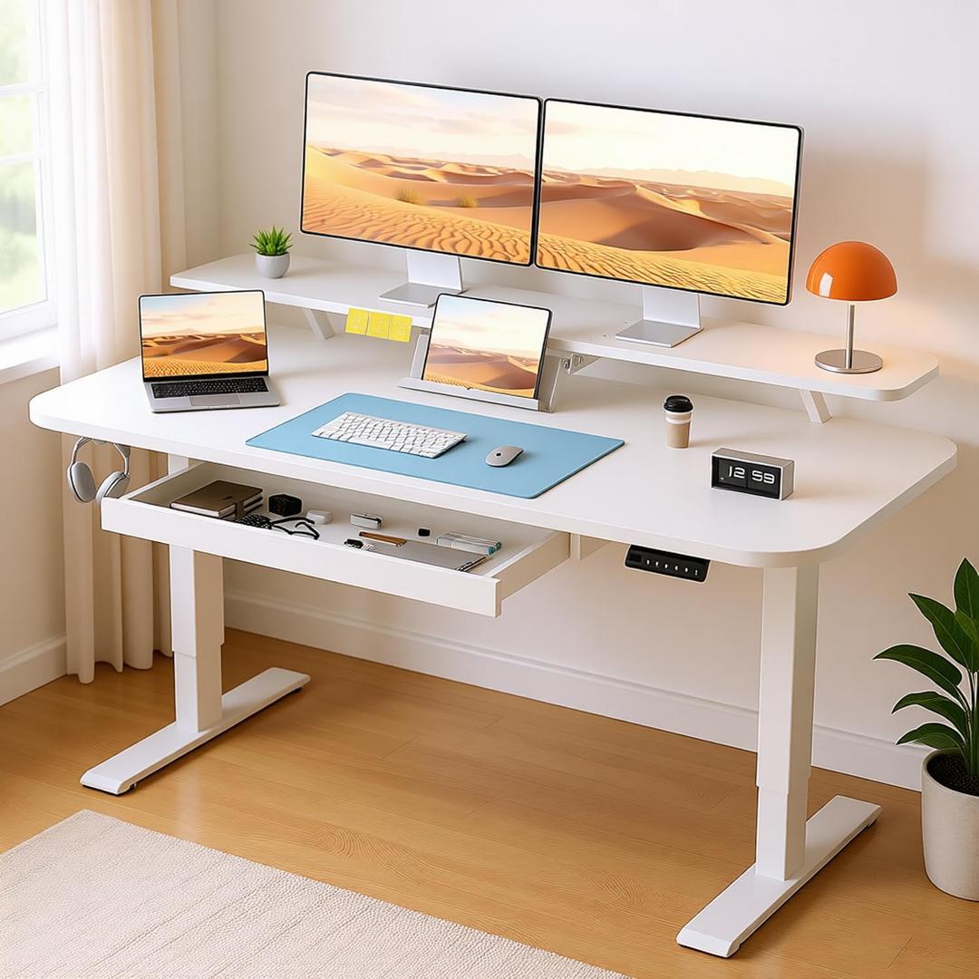 COMHOMA Electric Standing Desk with Drawers, 48 x 24'' Sit Stand up Desk with Monitor Stand, Laptop Stand, Height Adjustable Ergonomic Home Office Computer Desk with Memory Preset Controller (White)