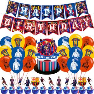 Soccer Party Decorations,Football Club Red And Blue Birthday Party Supplies Includes Banner- Cake Topper - 24 Cupcake Toppers - 18 Balloons