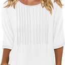 KISSMODA Tunic Tops for Women Loose Fit Dressy Round Neck Pleated 3/4 Length Sleeve Spring Tops (Large, B White)