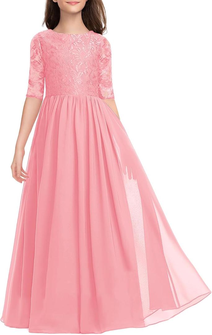 HOSIKA Flower Girls Dress Lace Chiffon A-Line Swing Pleated Dance Gown Wedding Bridesmaid Maxi Dresses Pink 6-7 Years